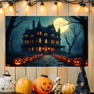 VIKAMA Trick Or Treat Halloween Tấm Thảm Lâu Đài Bí Ngô Ma Thiết Kế Ma Quái Đảng Trang Trí Tường Polyester Phòng Ngủ Treo Cờ