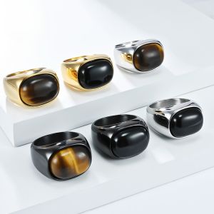 Kemstone Retro Oval Tiger Eye Stone Ring Stainless Steel Fashion Jewelry Gift