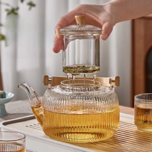 1000ML High Boron Silicon Glass Teapot with Built-in Filter – Flower Tea Set – Transparent Teawear with Bamboo Handle