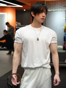 American Fitness Clothes Mens Muscle-Showing Pure White Tight Cuff T-shirt Small Neckline 2024 Summer Short Sleeve Men