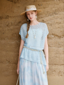 XIANGYING | Lightweight Knit Top Female Hollowed Out Textured Short Sleeve