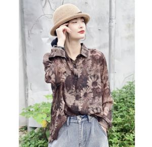 Retro Floral Print Silk Linen Womens Loose Fit Shirt Thin Base Layer Shirt Trendy Folded Shirt All Match Loose plus Size