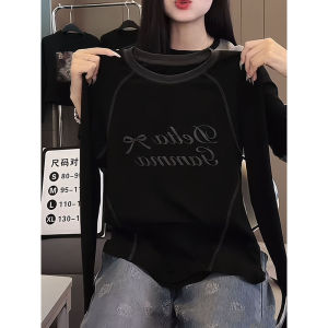 Áo Thun Nữ Dài Tay in Chữ Thiết Kế Khâu Sáng Tạo Cổ Tròn Cotton Mùa Thu Thường Ngày Thoải Mái Đa Năng