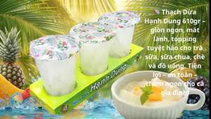 "Thạch Dừa Lốc 3 Ly 610gr Hạnh Dung – Thạch Dừa Topping Trà Sữa Chè Yaourt Ăn Vặt Giòn Dai Sần Sật Tiện Lợi Ngon Sạch"