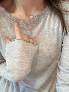 Gray Large Size Long Sleeve Womens Base Shirt Inner Wear T-Shirt Autumn Winter Slimming Korean Style Top with Wood Grain Ruffle
