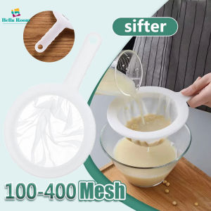 ตะแกรงร่อนน้ำผลไม้ทำจากไนลอนสีขาวใช้ซ้ำได้ตะแกรงช้อนกรองกาแฟถั่วเหลืองพร้อมที่จับกระชอนทำอาหาร100/200/400ตาข่าย