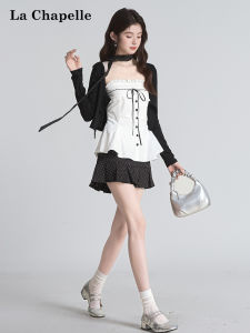 La Chapelle | Korean Style Long Sleeve Open Cardigan Strapless Polka Dot Short Skirt Fashion Three-piece Set