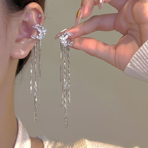 Zircon Moon Goddess Arrival Long Tassel Clip-On Earrings Womens New Hot Advanced Design No Piercing Bone Clip Earrings