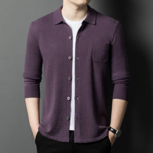 Knitted Cardigan Mens Spring Autumn Solid Color Button Casual Wool Sweater Flip Collar Pure Woolen Coat Fashion Urban Style