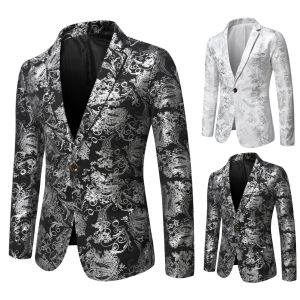 Mens Slim Fit Print Blazer Jacket 2025 Fashion Handsome Business Casual Silver Stage Show Suit Small Menswear