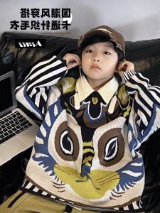 Trendy Cartoon Knitted Sweater for Boys Loose Casual Base Layer Shirt Korean Style round Neck Long Sleeve Soft Acrylic Blend