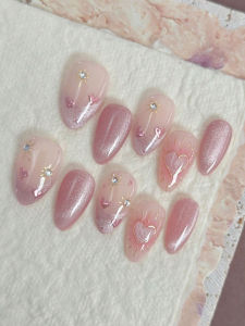 10pcs Cat Eye Pink Heart Press On Nails Glitter Pink Shimmer Almond Romantic Handmade Fake Nails False Nail
