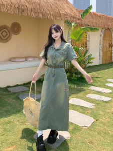 plus Size Polo Neck Short Sleeve Denim Dress Slimming Waistline Concealing Flattering Long Summer New Style Retro Distressed