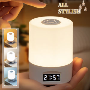 Night Light with Clock Bedroom Bedside Lamp Touch Eye Protection Sleep Light Dimmable Charging Desk Lamp