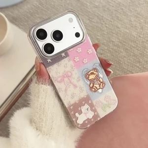 Korean Cartoon Bear Glitter Splicing Phone Case For iPhone 17 Air 14 15 16 13 12 11 Pro Max XS XR X Plus Shockproof Hard Cover