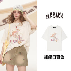 Earmuff Print T-Shirt Womens Summer Loose Design Short Sleeve round Neck Cotton Polyester Blend Casual Top