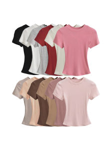 Pure Color Elastic round Neck Short Sleeve T-Shirt Womens Simple Match Kardashian Spicy Base Belly T-Shirt Street Style Slim Fit