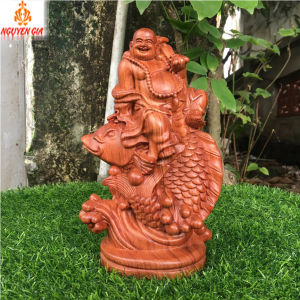 Tượng phật di lặc để bàn bằng gỗ hương cao cấp nguyên khối mẫu cưỡi cá chép cầm gậy như ý cao 23 cm trạm khắc tinh xảo sắc nét mang lại may mắn tài lộc bình an cho gia đình
