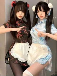Chinese Style Maid Uniform Apron Set Soft Girl Lolita Cheongsam Dress Ensemble Loose Waist Faux Fur Fabric Short Sleeve