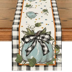 VIKAMA Fall Table Runner Buffalo Plaid Pumpkin Bow Dining Table Home Kitchen Thanksgiving Harvest Party Table Decor
