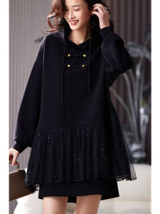 New Chinese Style Trendy Hoodie Dress with Lace Splicing And Button Design Autumn Season A-Line Skirt Polyester Fiber Dress