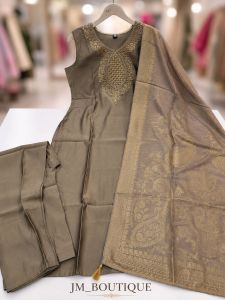 JM Couture Premium Silk Blend Kurti Set with Banarasi Dupatta Antique gold col- Elegant ethnic outfit with intricate embroidery and luxurious dupatta ideal for festive occasions.