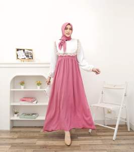 Gamis Angel  + SET HIJAB Swett lengan Panjang NEW model fashion wanita muslim terbaru Kombinasi brukat mix  renda  Airflow premium