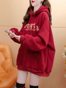 เสื้อฮู้ดผ้าขนแกะหนาสำหรับผู้หญิงในฤดูหนาวปี 2024 สีแดงเข้ม ทรงหลวม สวมใส่สบาย ลำลอง แฟชั่นฤดูใบไม้ร่วง/ฤดูหนาว