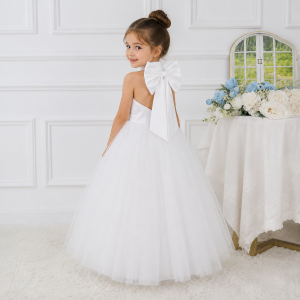 White Chiffon Satin Wedding Dress Elegant Girl Beauty Pageant Long Dress Fancy Ball Girl Carnival Costume