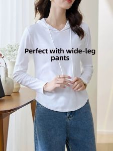 LINGLONGDAI | Pure Cotton Long Sleeve Hoodie Womens Base Layer Shirt Slimming Trendy Brand Commute Style Autumn Winter Solid Color T-shirt