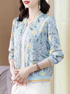 Spring 2025 Short Silk Jacket Womens Top Small Fragrance Style Printed Mulberry Silk Thin Baseball Style Outerwear Long Sleeve