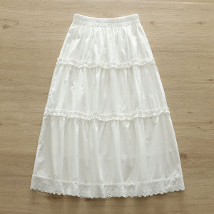 กระโปรงทรงเค้กฤดูใบไม้ผลิและฤดูร้อนกระโปรงครึ่งท่อนชายลูกไม้กระโปรงครึ่งท่อนสีขาวกระโปรงทรงเอแนวโมริแบบยาวปานกลางฤดูร้อนสำหรับผู้หญิงสวยหวาน