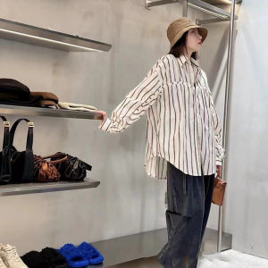 New 2024 Womens Loose Fit Striped Shirt Design Sensation Folded Hemline Commute Style Long Sleeve Polo Collar Button Detail