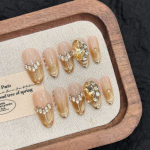 10pcs Light Luxury Handmade Press On Nails Clitter Gold Cats Eye French Tips False Nails Glossy Almond Rhinestone Fake Nail