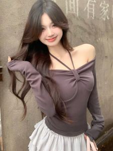 เสื้อยืดถักคอวีแขนยาวผู้หญิงฤดูใบไม้ร่วง/ฤดูหนาว เสื้อชั้นในทรงเข้ารูป ทรงหลวม ทรงเข้ารูป ทรงเข้ารูป เสื้อชั้นในผู้หญิง