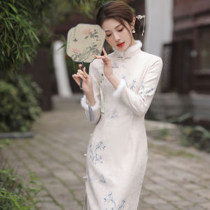 Đầm Dài Mùa Đông Lót Lông Cừu Dày Ấm Áp Phong Cách Mới Cổ Điển Trung Hoa Cổ Điển Shanghai Cổ Điển Dài Tay Dài