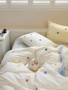 Girls Heart Pure Cotton Washed Bedding Set Soft Polka Dot Towel Embroidered Coverlet 1.8m Bedding Durable Quilt Set