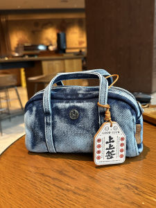 Street Style Denim Mini Shoulder Bag Womens Handbag Washable Crossbody Bag Youth Trendy Zipper Closure Bowling Bag Shape