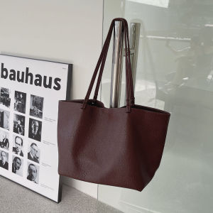 EMORRIN Large Capacity Soft Lychee Pattern Tote Bag Commuter Single Shoulder Bag Simple Design Casual Bucket Shape PU Leather