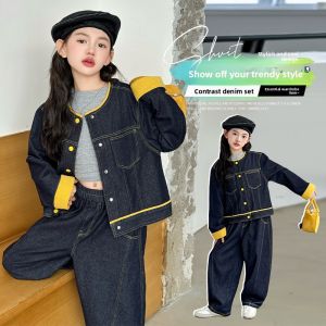 MPW | Girls Denim Set Casual Wide Leg Pants Two Piece Suit Autumn Fashionable Outerwear For Medium And Large Children