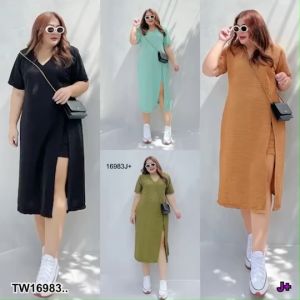 S16983 Set #Bigsize 2 ชิ้น เดรสผ่าหน้า + กางเกงขาสั้น ..