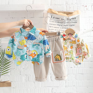 Boys Autumn Clothing Shirt Outfit New Arrival Western Style Children Dinosaur Long Sleeves Two-piece Set Baby Online Red Childrens Clothing Fashion