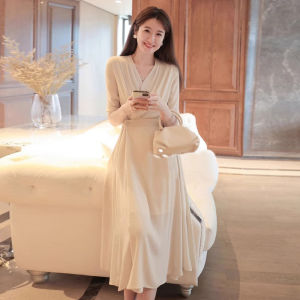 Elegant French Style Silk Long Dress Womens Spring Summer New Tea Break Skirt Slimming High Waist A-Line Gown Inner Queen