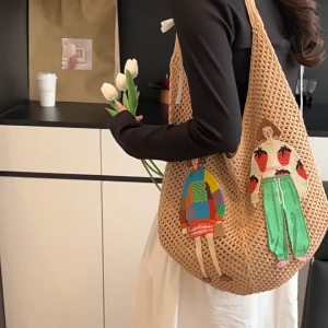 Tas Rajut Premium Knit Tote Bag LOOYOYU Wanita Motif Ilustrasi Vintage Korean Style