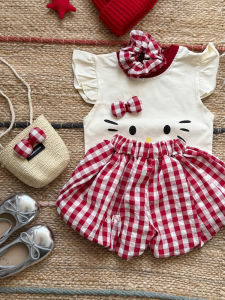 Cute Kitty Cat Print Top And Bloomer Pants Set Short Sleeve Short Shorts for Toddlers Kids Fashionable Korean Style Baby Outfit