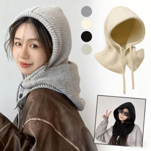 Winter Knitted Balaclava Hoodie Womens Drawstring Integrated Adjustable Brimless Hat Warm and Fashionable Korean Versatile Hat