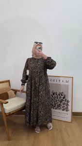 MIDI DRES RAYON VISCOS MOTIF PREMIUM LENGAN PANJANG KARET BUSUI KEKINIAN MURAH