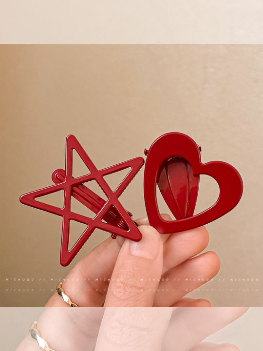 Ankela Red Star Heart Hair Clip Women's Side Bangs Frizz Control Duckbill Clip Elegant White Highlighting Hair Accessory