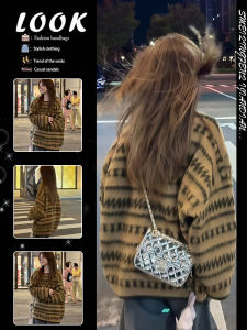 Retro Striped Color Block Loose Womens Sweater Korean Style Commute Fine Yarn Long Sleeve round Neck Moisture Wicking