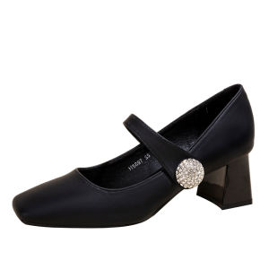 รองเท้าส้นสูง Mary Janes สีดำ ทรงสี่เหลี่ยมสไตล์ฝรั่งเศสย้อนยุค หนังนิ่ม สายรัดหนา รองเท้าส้นเดี่ยวสำหรับผู้หญิง รองเท้าแฟชั่นฤดูใบไม้ผลิ 2024
